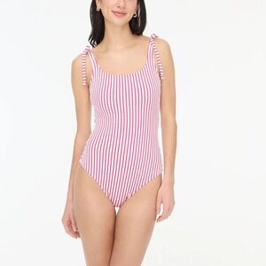 J. Crew NWT Striped Tie-shoulder one-piece swimsuit Sweet Fuchsia White Stripe M